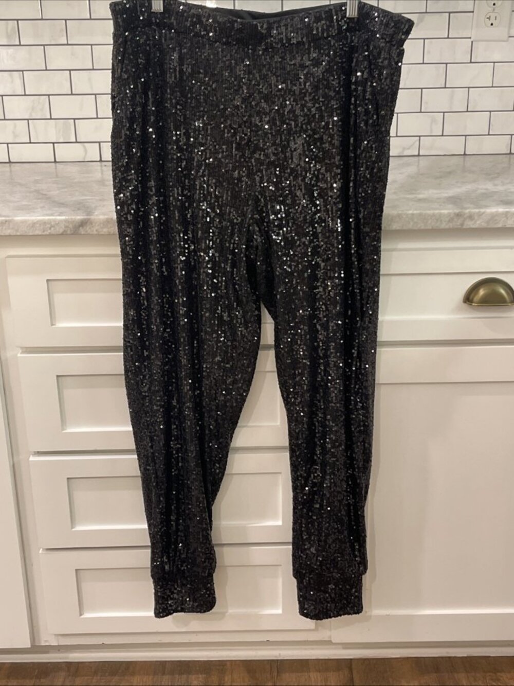 Cable‎ & Gauge Sequin Pants Joggers Womens Size XL Black Pull On Stretch Party